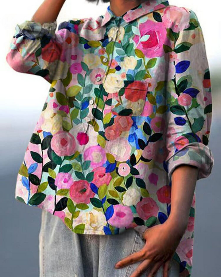 Donna Floral Print Blouse in Bamboo Hemp Fabric for Autumn and Summer