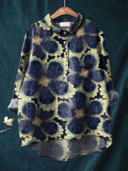 Donna Floral Print Blouse in Bamboo Hemp Fabric for Autumn and Summer