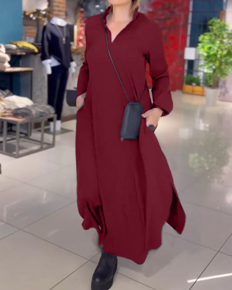 Evia Loose Long Maxi Dress with Lapel and Side Slit – Elegant Autumn Dress