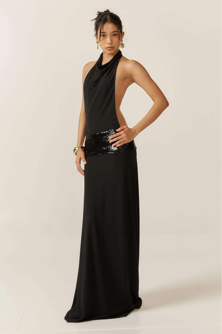 Joanna Halter Backless Evening Gown with Sequin Waistband Autumn Dress