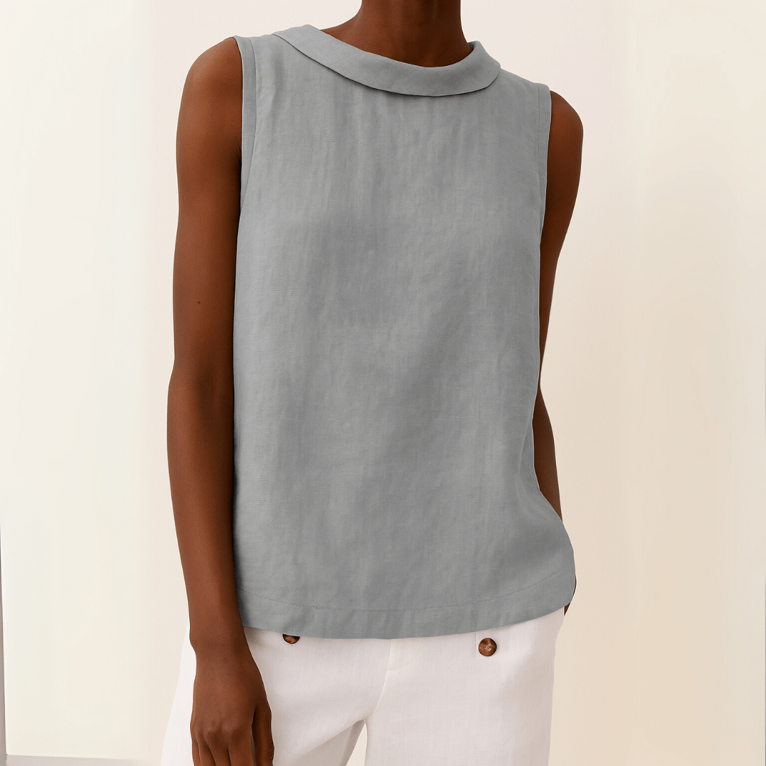 Avice Sleeveless Roll Collar Top in Linen-Cotton Blend for Summer