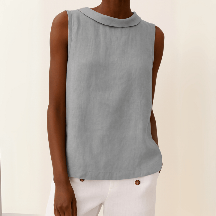 Avice Sleeveless Roll Collar Top in Linen-Cotton Blend for Summer