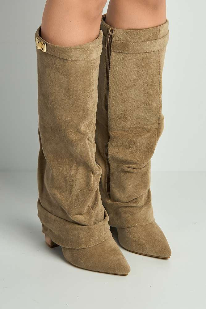 Izel Block Heel Pointy Toe Gold Trim Buckle Ruched Boots in Taupe Suede