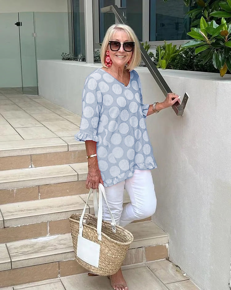 Beth V-Neck Lightweight Polka Dot Blouse Summer Top