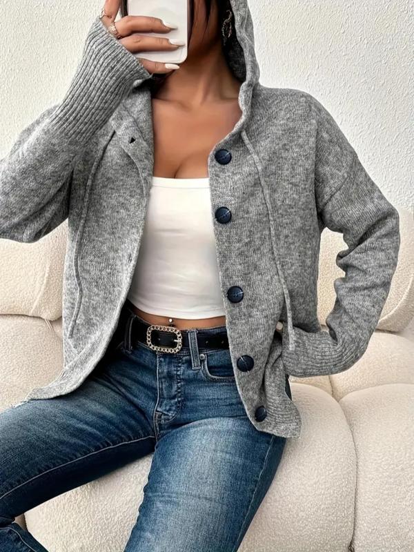 LuxeCozy Women's Button-Front Drawstring Hooded Cardigan