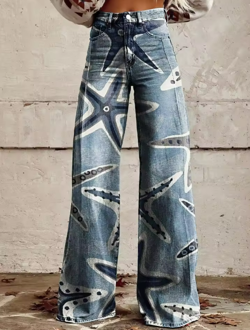 Verity Artistic Starfish Print Jeans Coastal Style for Summer and Autumn