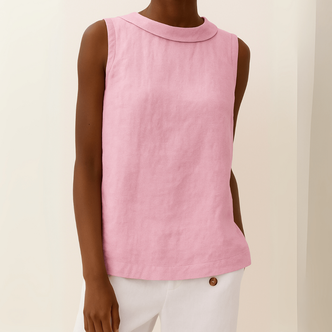 Avice Sleeveless Roll Collar Top in Linen-Cotton Blend for Summer