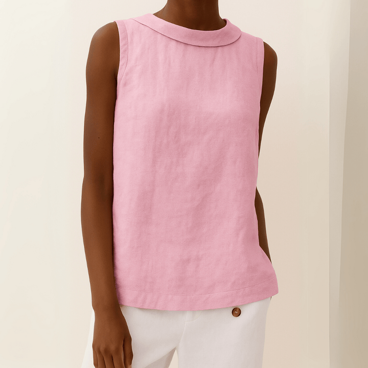 Avice Sleeveless Roll Collar Top in Linen-Cotton Blend for Summer