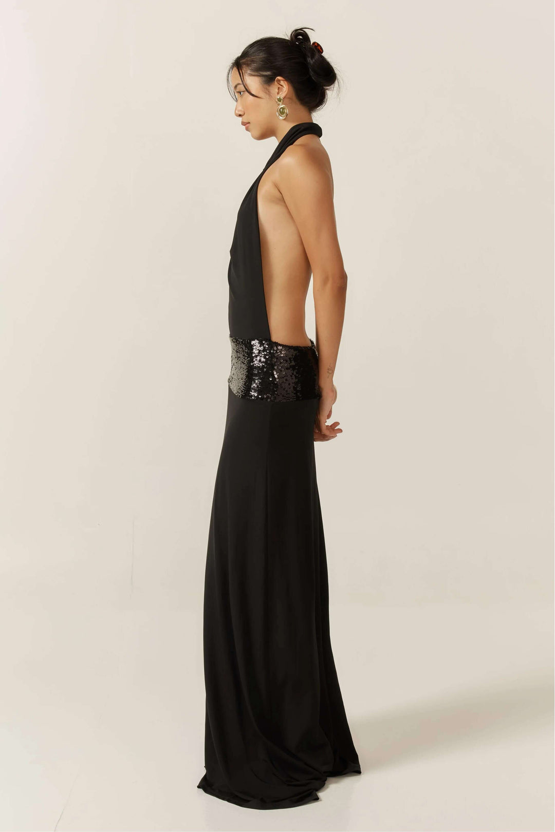 Joanna Halter Backless Evening Gown with Sequin Waistband Autumn Dress