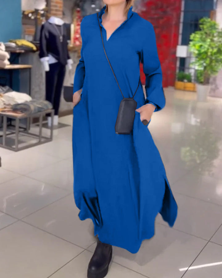 Evia Loose Long Maxi Dress with Lapel and Side Slit – Elegant Autumn Dress