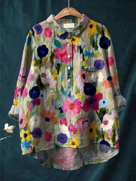 Donna Floral Print Blouse in Bamboo Hemp Fabric for Autumn and Summer