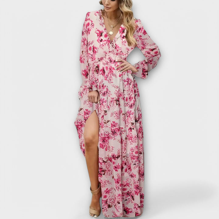 Elle Floral V-Neck Maxi Dress – Comfortable Elegant Summer & Autumn Dress