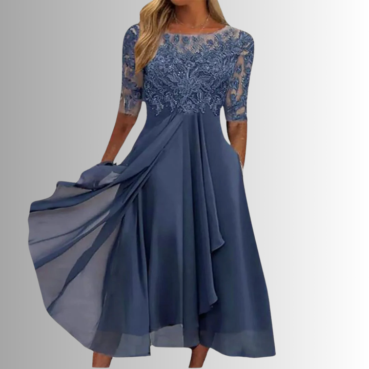 Rhonda Lace-Embroidered Chiffon Midi Dress for Summer and Autumn