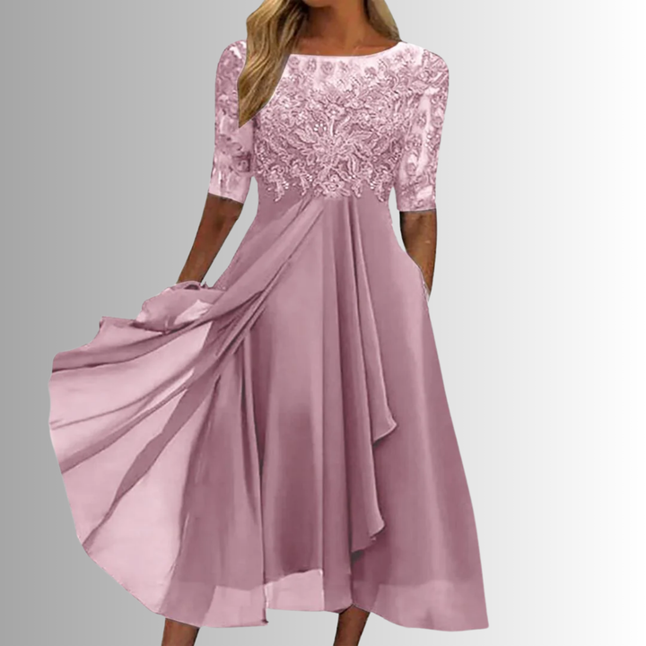 Rhonda Lace-Embroidered Chiffon Midi Dress for Summer and Autumn