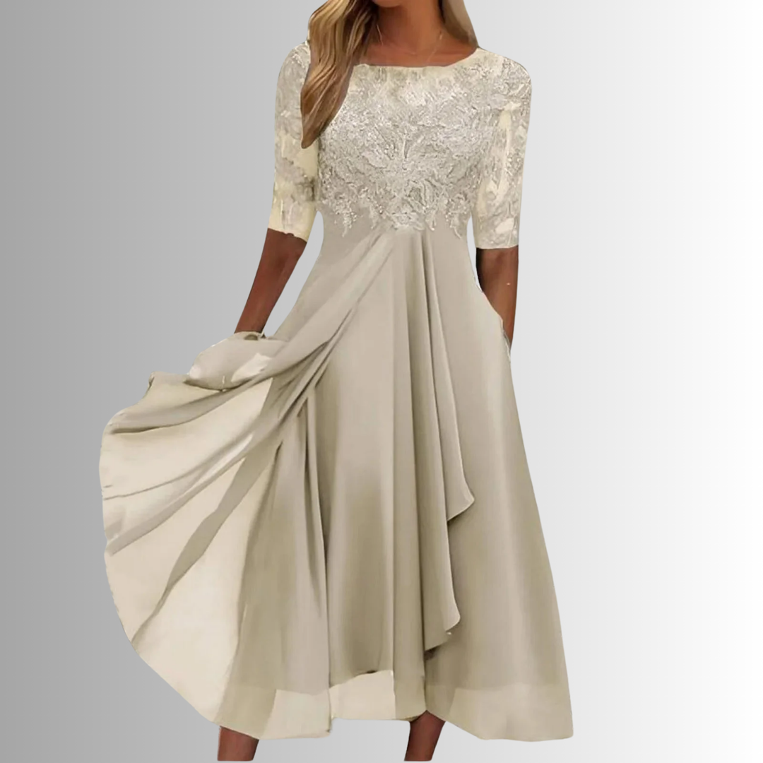 Rhonda Lace-Embroidered Chiffon Midi Dress for Summer and Autumn