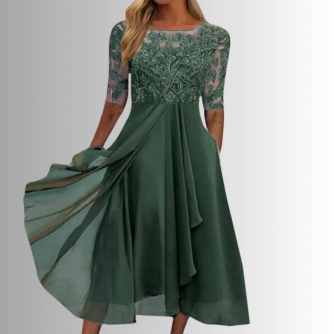 Rhonda Lace-Embroidered Chiffon Midi Dress for Summer and Autumn