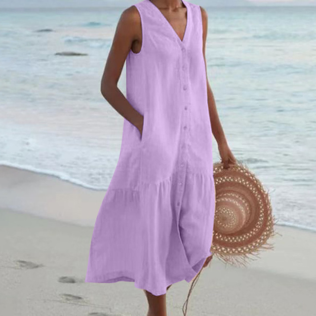 Maria V-Neck Button-Down Summer Dress Stylish Lightweight Comfort