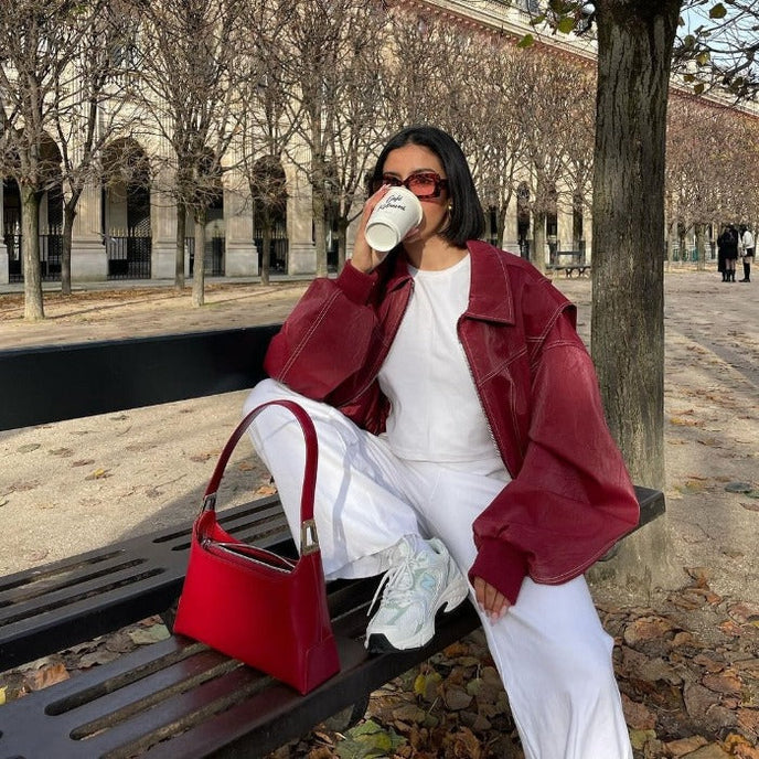 Faye Oversized Red Leather Jacket Stylish Outerwear for Autumn