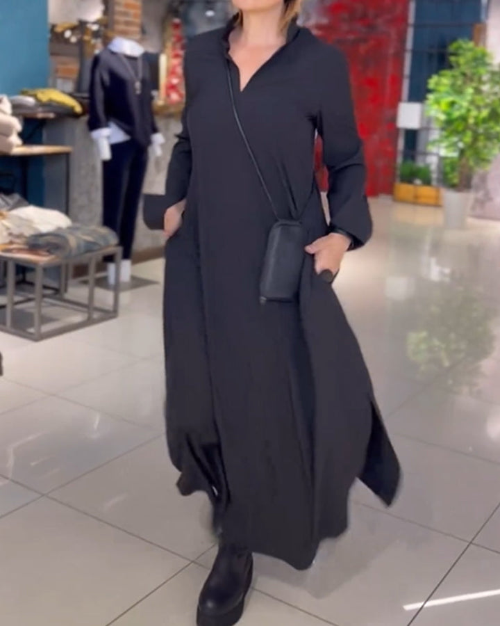 Evia Loose Long Maxi Dress with Lapel and Side Slit – Elegant Autumn Dress