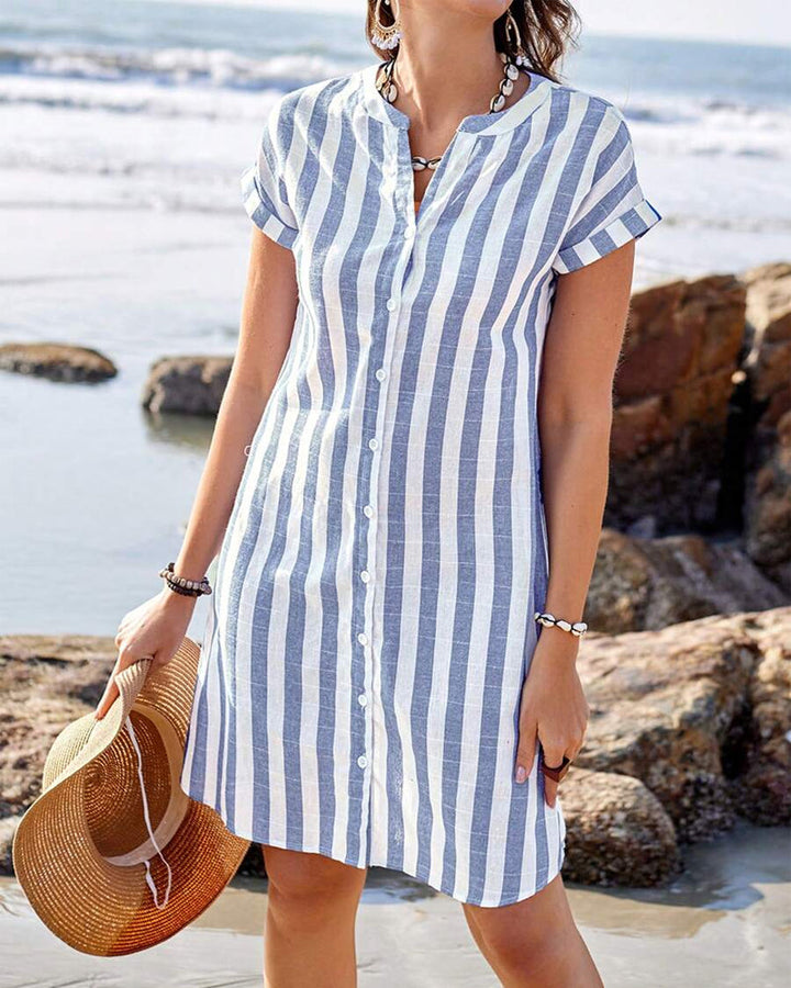 Carol Elegant Striped Shirt Dress Cotton-Linen Blend for Autumn and Summer