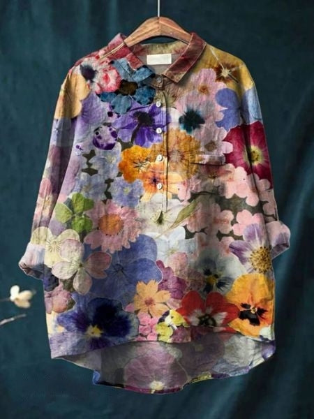 Donna Floral Print Blouse in Bamboo Hemp Fabric for Autumn and Summer