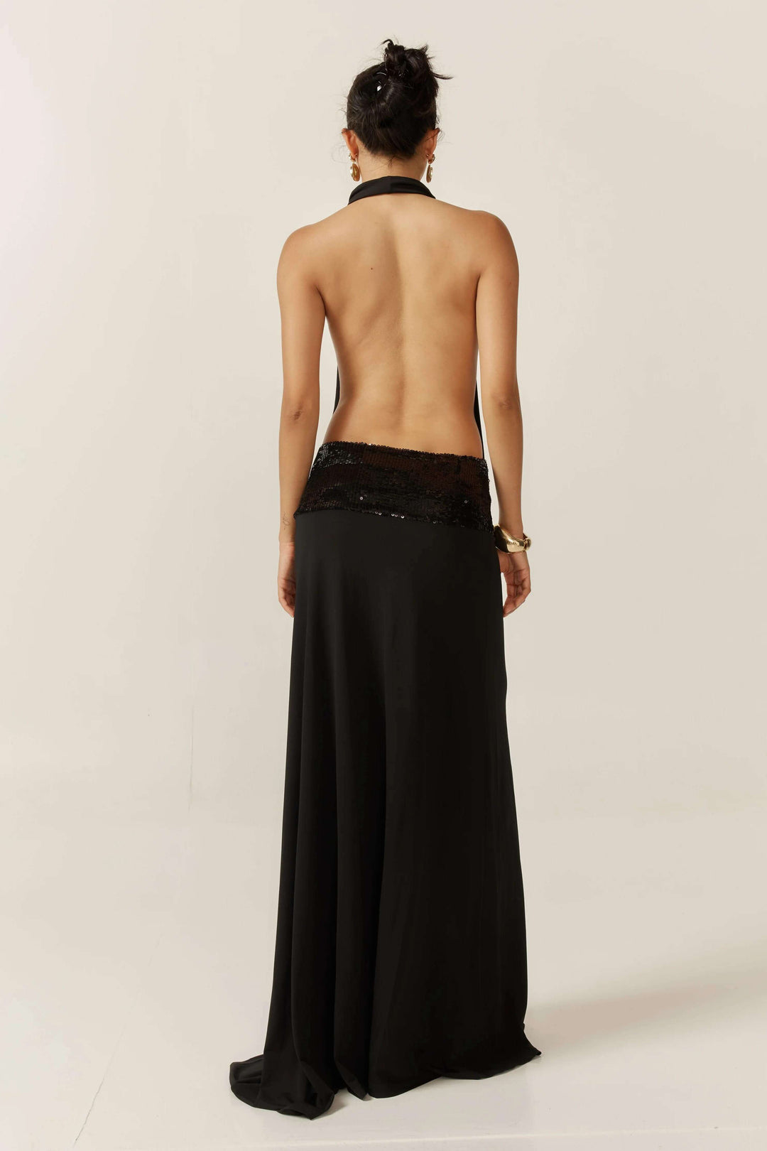 Joanna Halter Backless Evening Gown with Sequin Waistband Autumn Dress