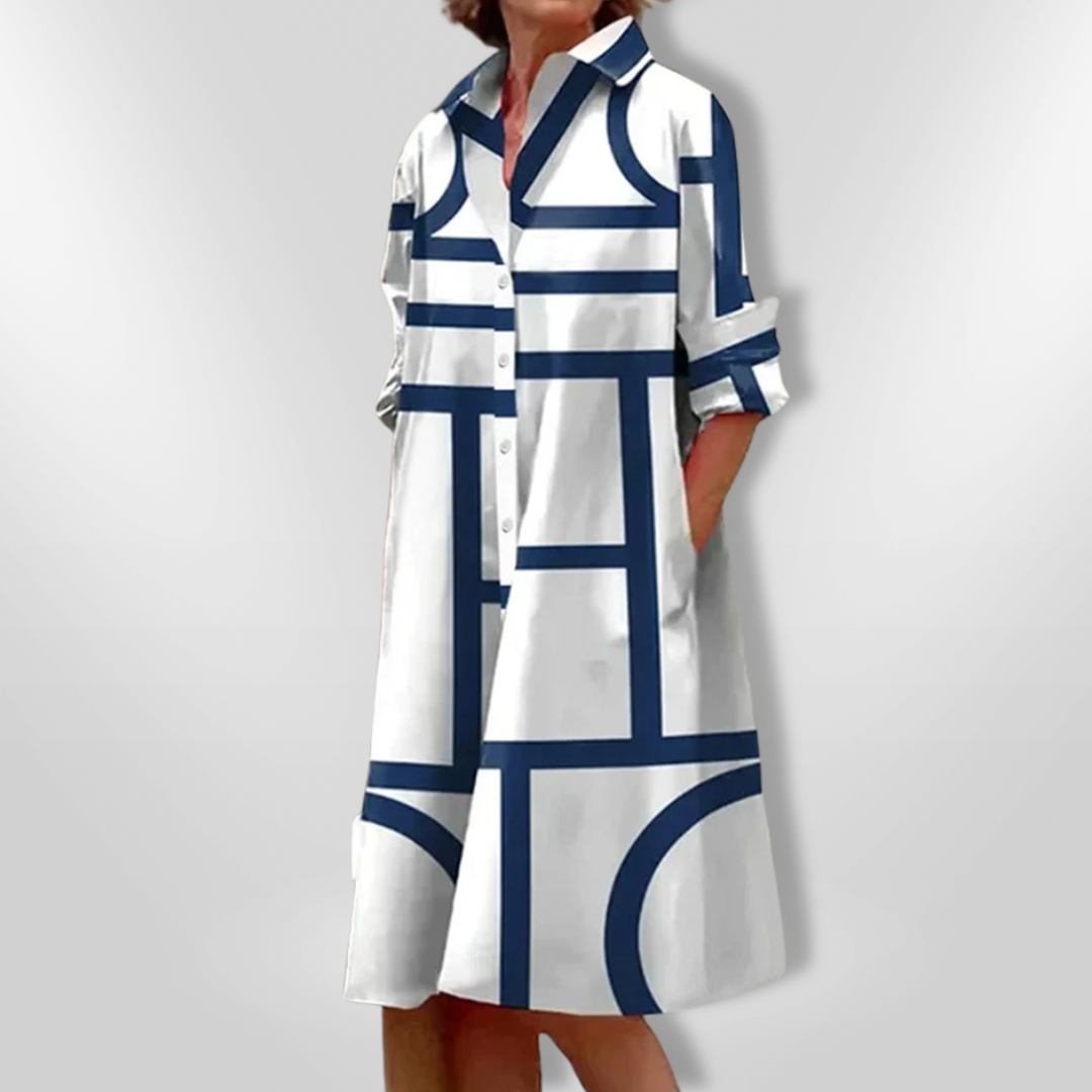 Estelle Geometric Button Dress Stylish Autumn Fashion