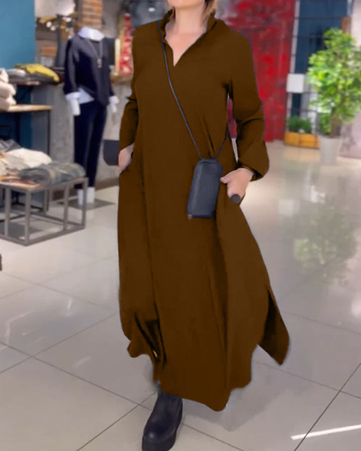 Evia Loose Long Maxi Dress with Lapel and Side Slit – Elegant Autumn Dress