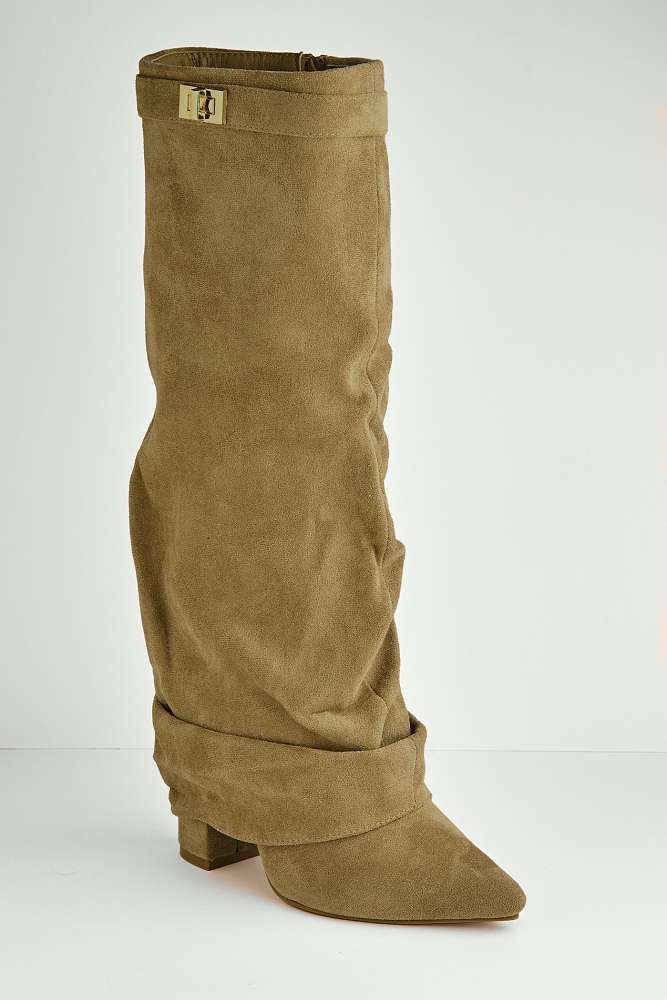 Izel Block Heel Pointy Toe Gold Trim Buckle Ruched Boots in Taupe Suede