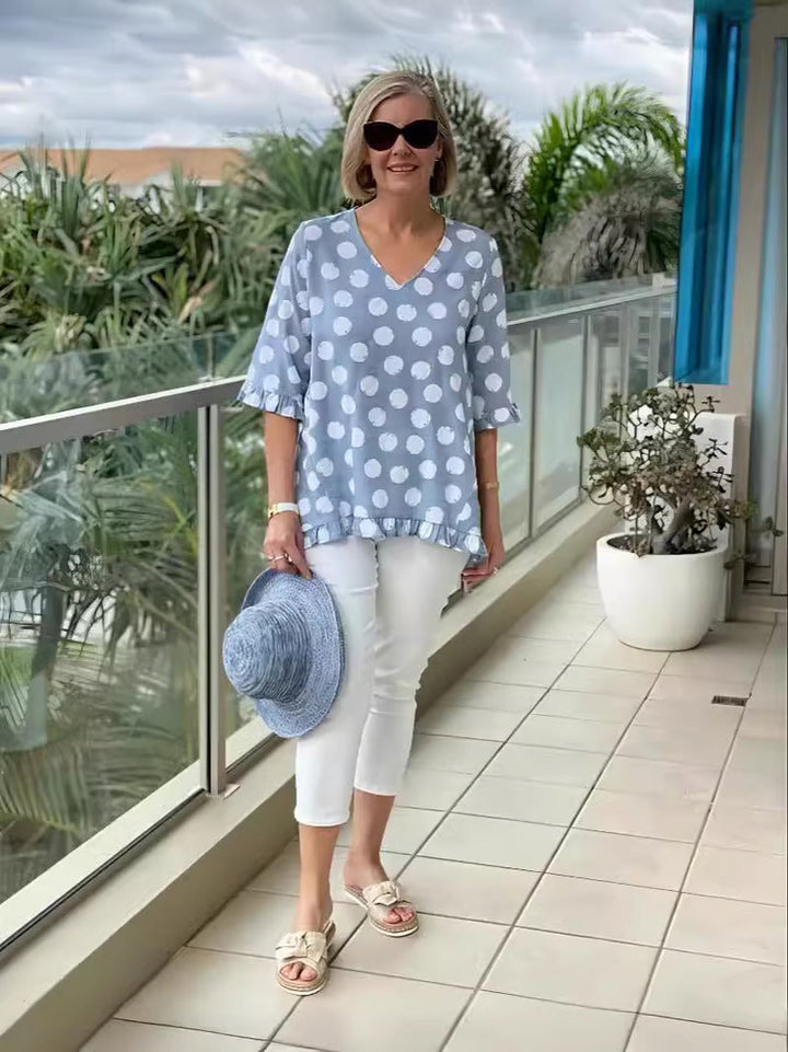 Beth V-Neck Lightweight Polka Dot Blouse Summer Top
