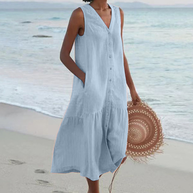 Maria V-Neck Button-Down Summer Dress Stylish Lightweight Comfort