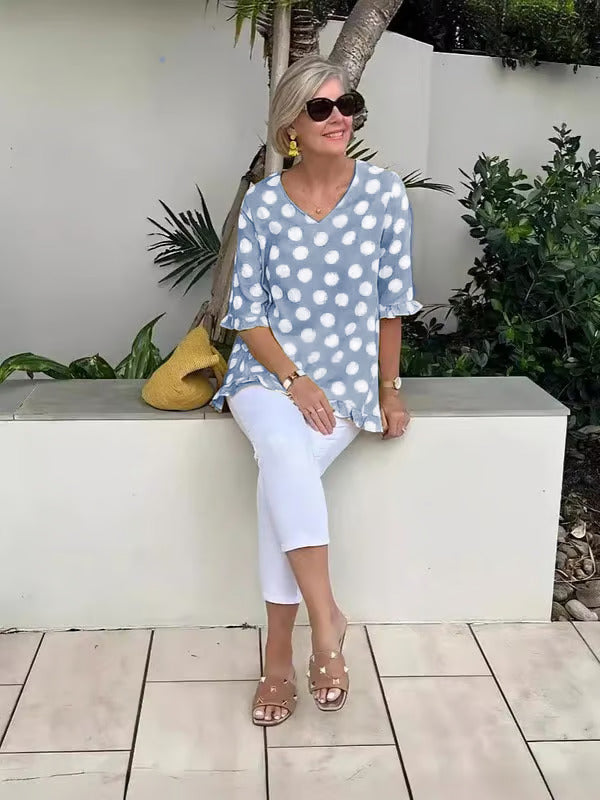 Beth V-Neck Lightweight Polka Dot Blouse Summer Top