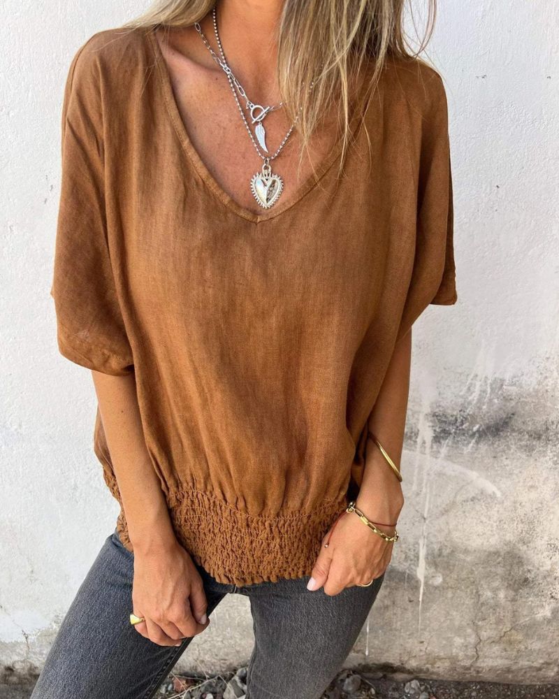 Carol Relaxed Lightweight Summer Top Flowy V-Neck for Warm Weather