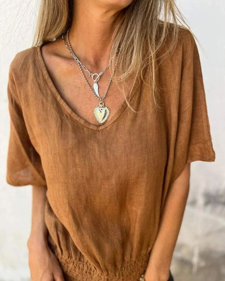 Carol Relaxed Lightweight Summer Top Flowy V-Neck for Warm Weather