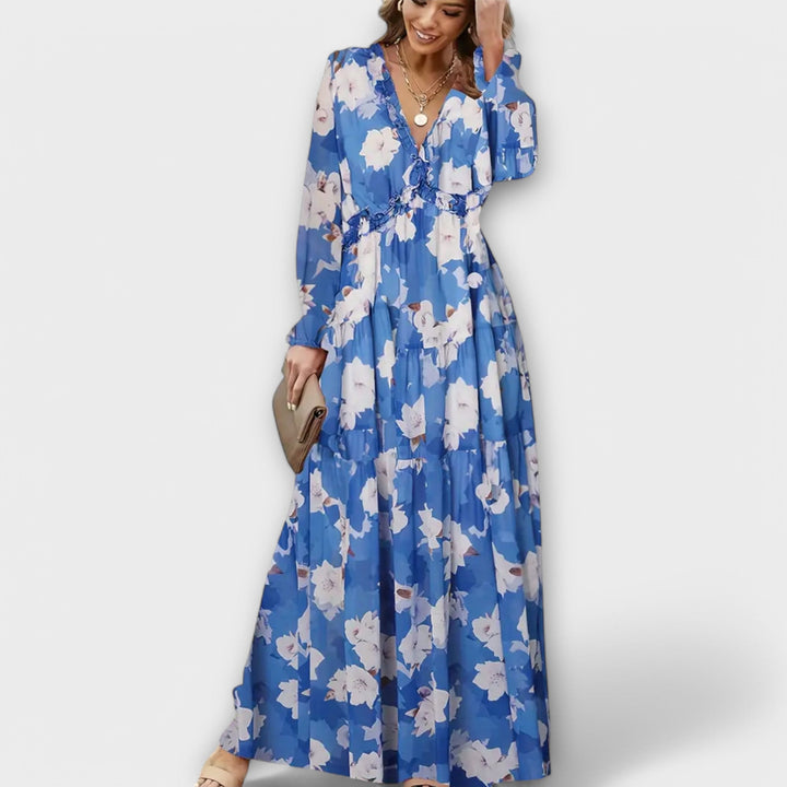 Elle Floral V-Neck Maxi Dress – Comfortable Elegant Summer & Autumn Dress