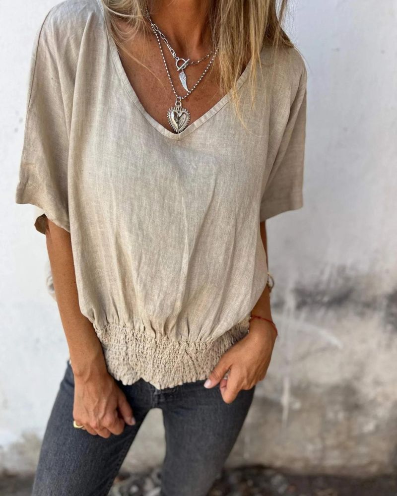 Carol Relaxed Lightweight Summer Top Flowy V-Neck for Warm Weather