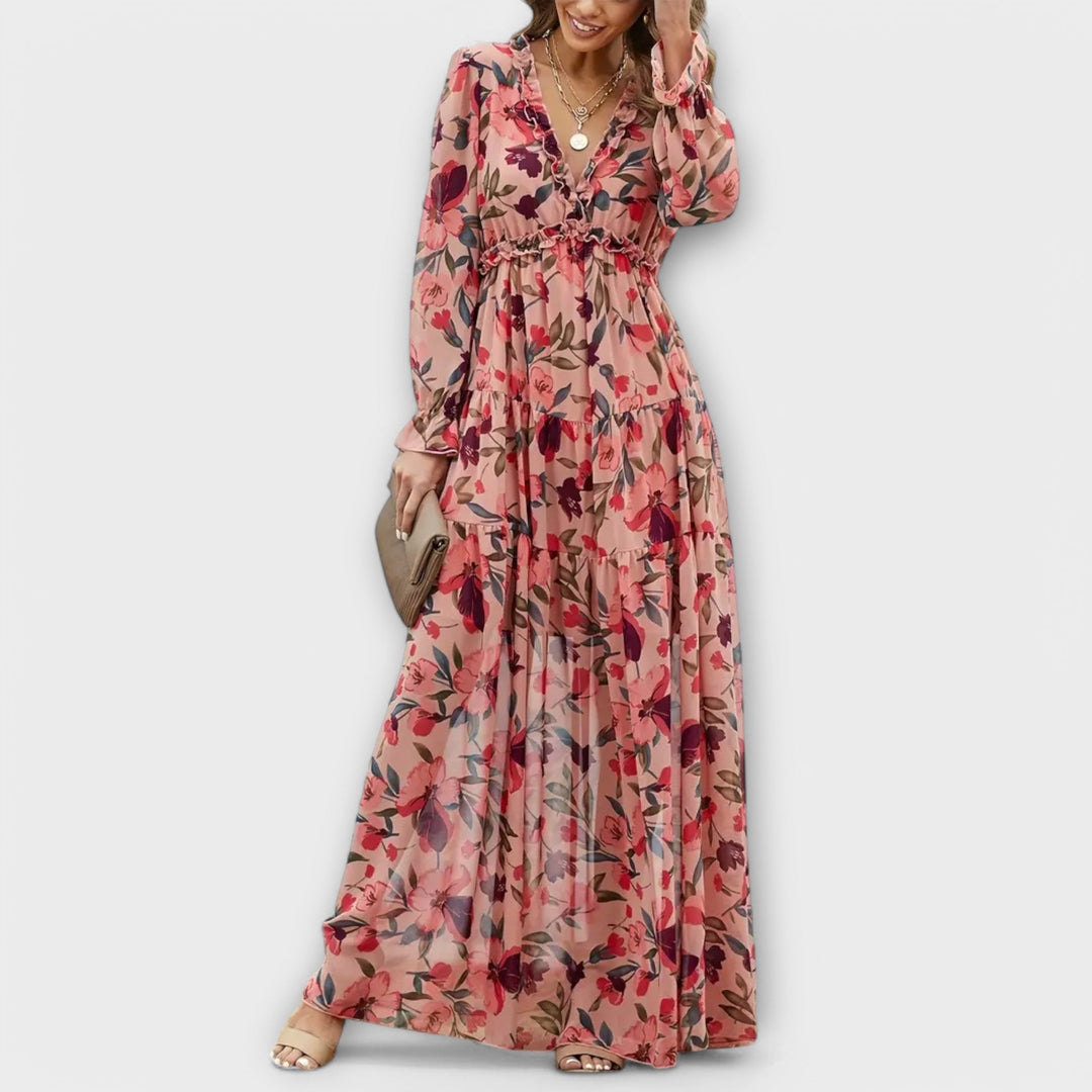 Elle Floral V-Neck Maxi Dress – Comfortable Elegant Summer & Autumn Dress