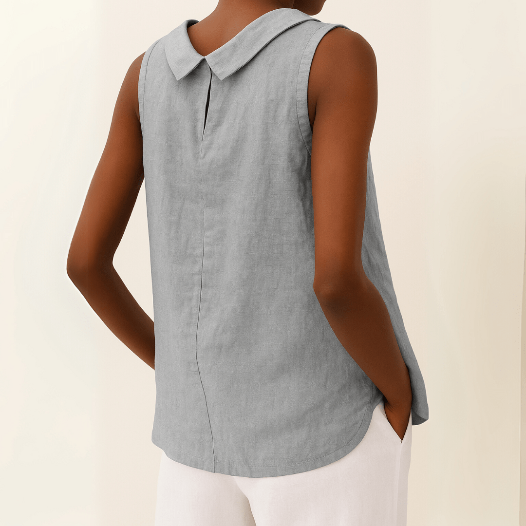 Avice Sleeveless Roll Collar Top in Linen-Cotton Blend for Summer