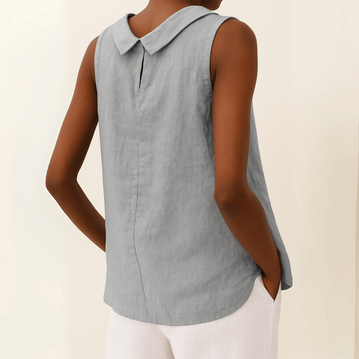 Avice Sleeveless Roll Collar Top in Linen-Cotton Blend for Summer