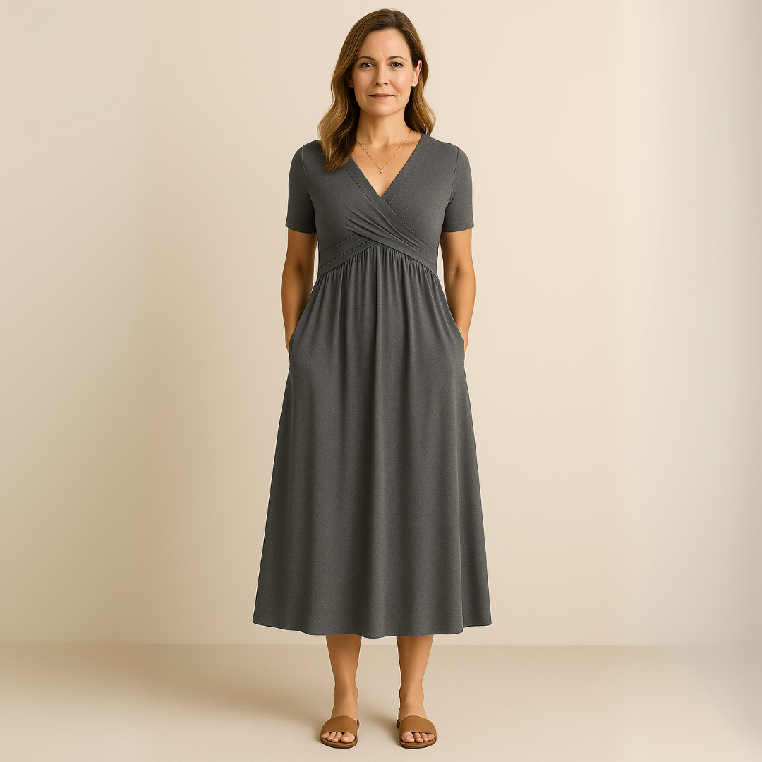 Anny Stylish V-Neck Midi Dress Elegant Comfortable for Autumn and Summer