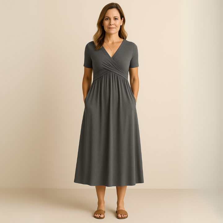 Anny Stylish V-Neck Midi Dress Elegant Comfortable for Autumn and Summer
