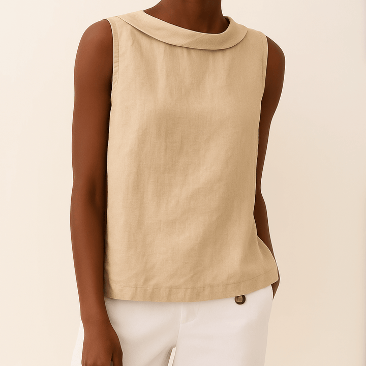 Avice Sleeveless Roll Collar Top in Linen-Cotton Blend for Summer