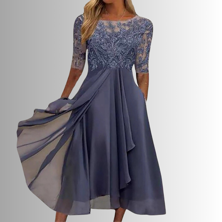 Rhonda Lace-Embroidered Chiffon Midi Dress for Summer and Autumn