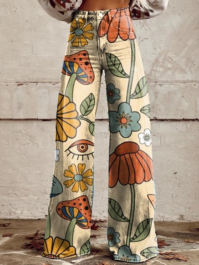 Zora Retro Floral Print Wide-Leg Jeans Vintage Style for Autumn and Summer