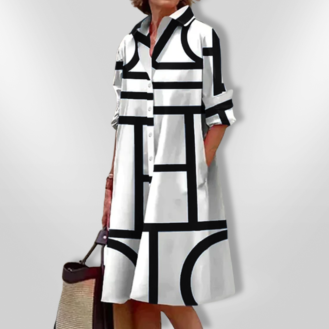 Estelle Geometric Button Dress Stylish Autumn Fashion