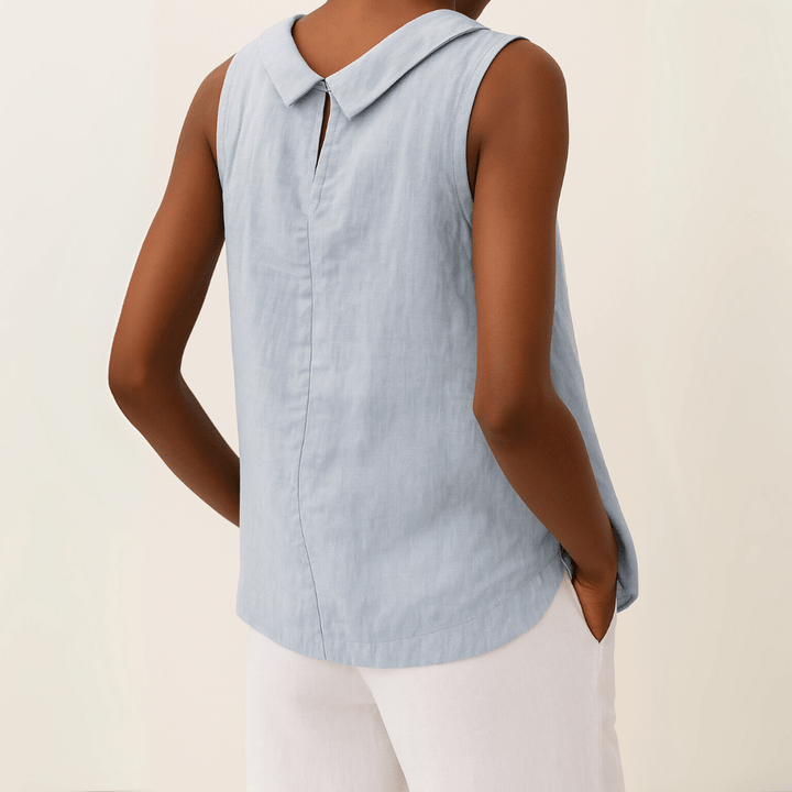 Avice Sleeveless Roll Collar Top in Linen-Cotton Blend for Summer