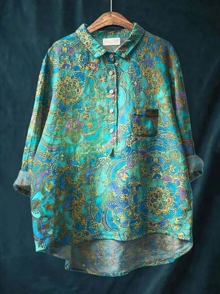Donna Floral Print Blouse in Bamboo Hemp Fabric for Autumn and Summer