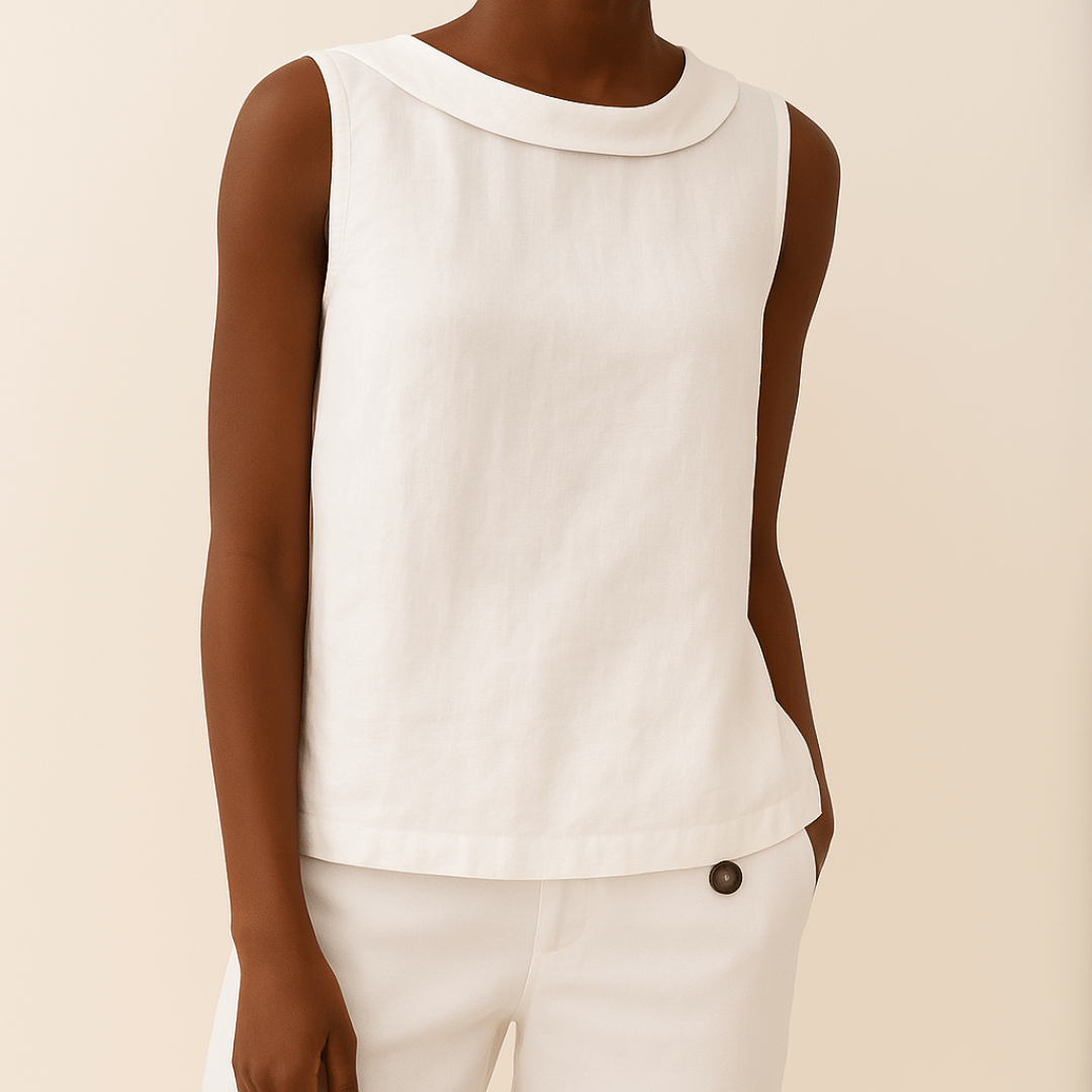 Avice Sleeveless Roll Collar Top in Linen-Cotton Blend for Summer