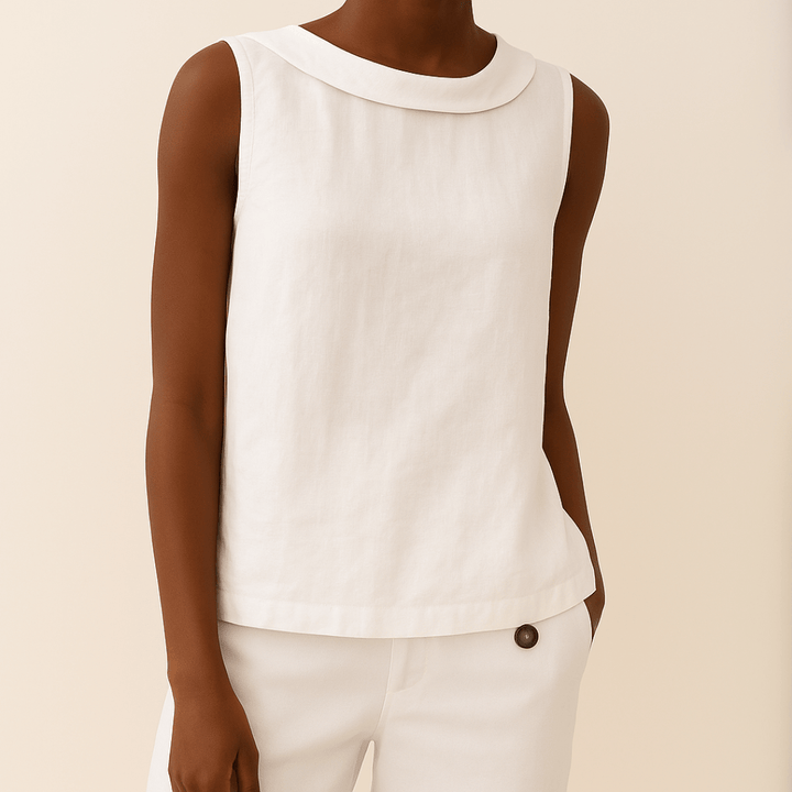 Avice Sleeveless Roll Collar Top in Linen-Cotton Blend for Summer