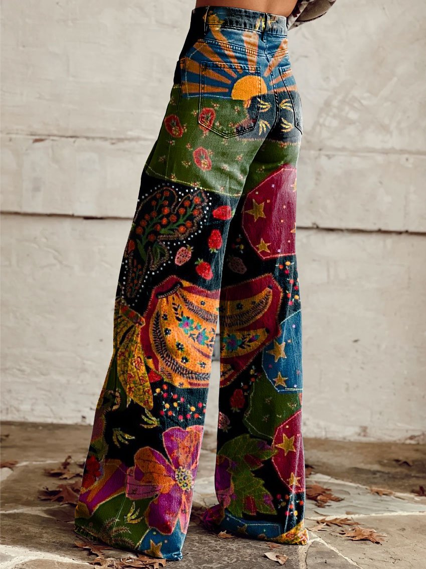 Wendy Psychedelic Art High-Waisted Flared Jeans Vintage Style for Autumn and Summer
